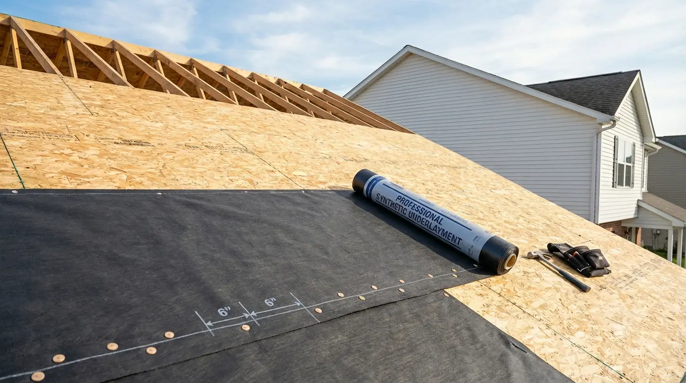 Metal roof underlayment - Synthetic membrane being installed on residential roof deck - Roof Installation