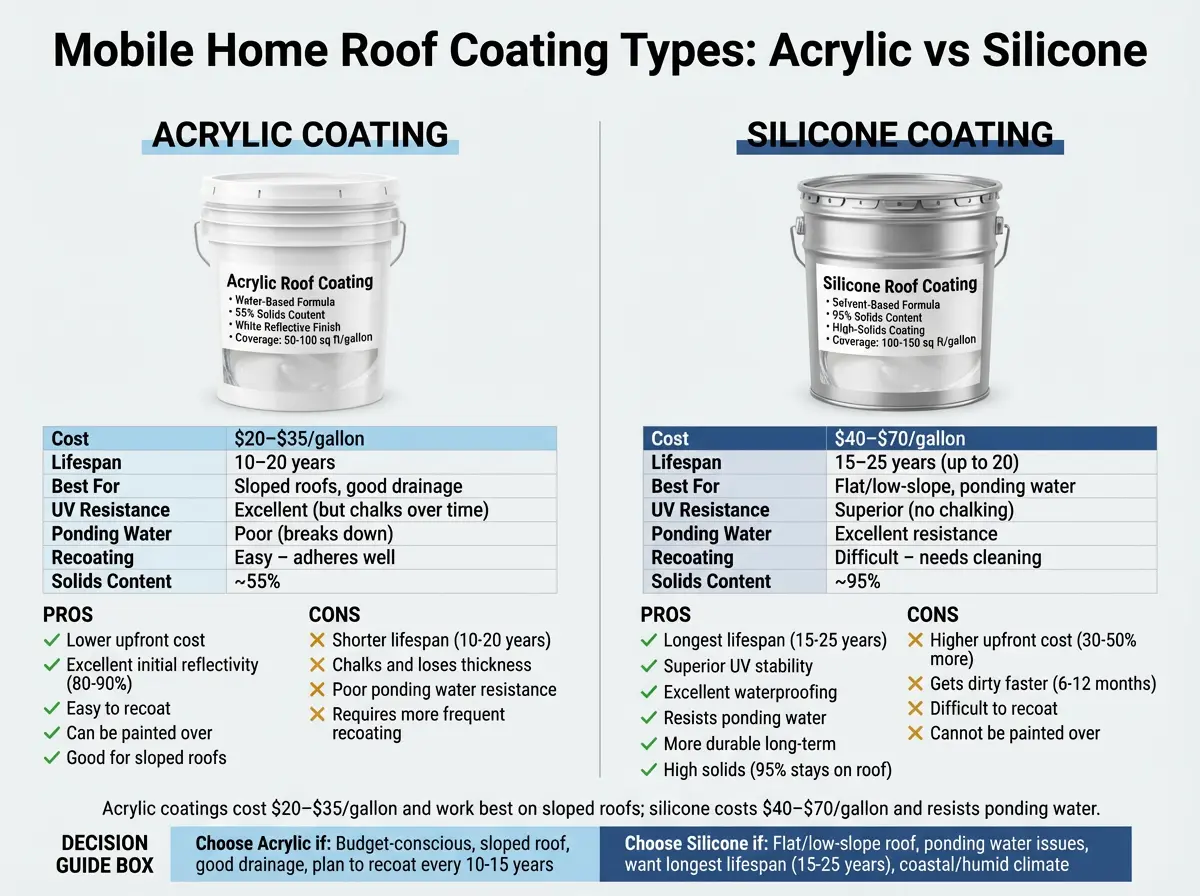 mobile home roof coating types acrylic versus silicone cost coverage specifications comparison