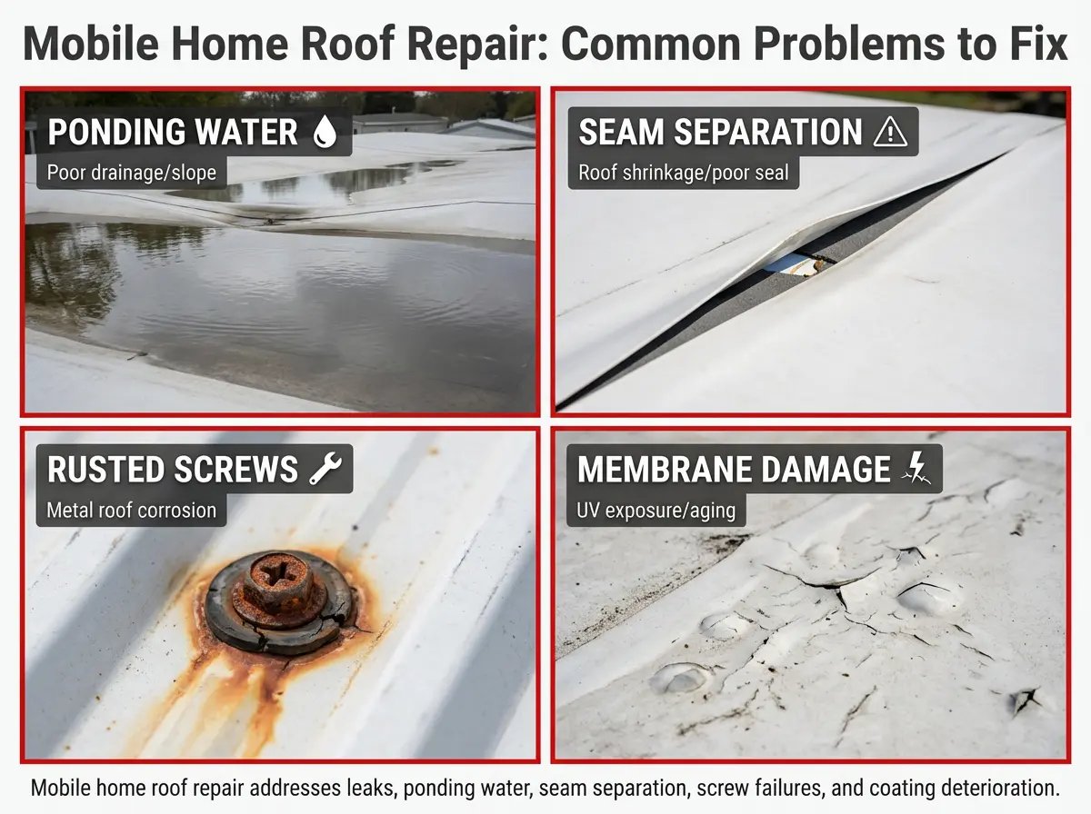 mobile home roof repair common problems ponding water seam separation metal roof screw leak membrane damage
