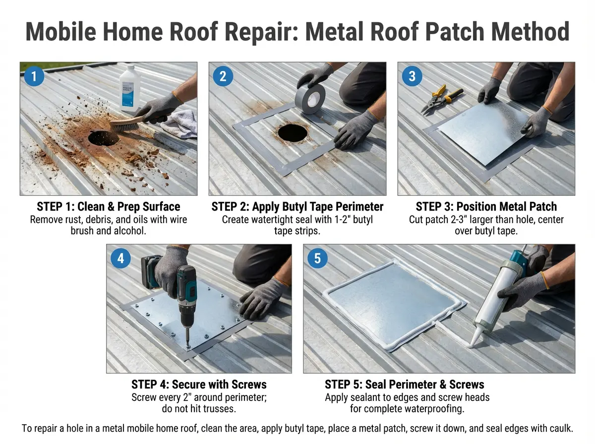 mobile home roof repair DIY metal roof patch butyl tape sealant step by step