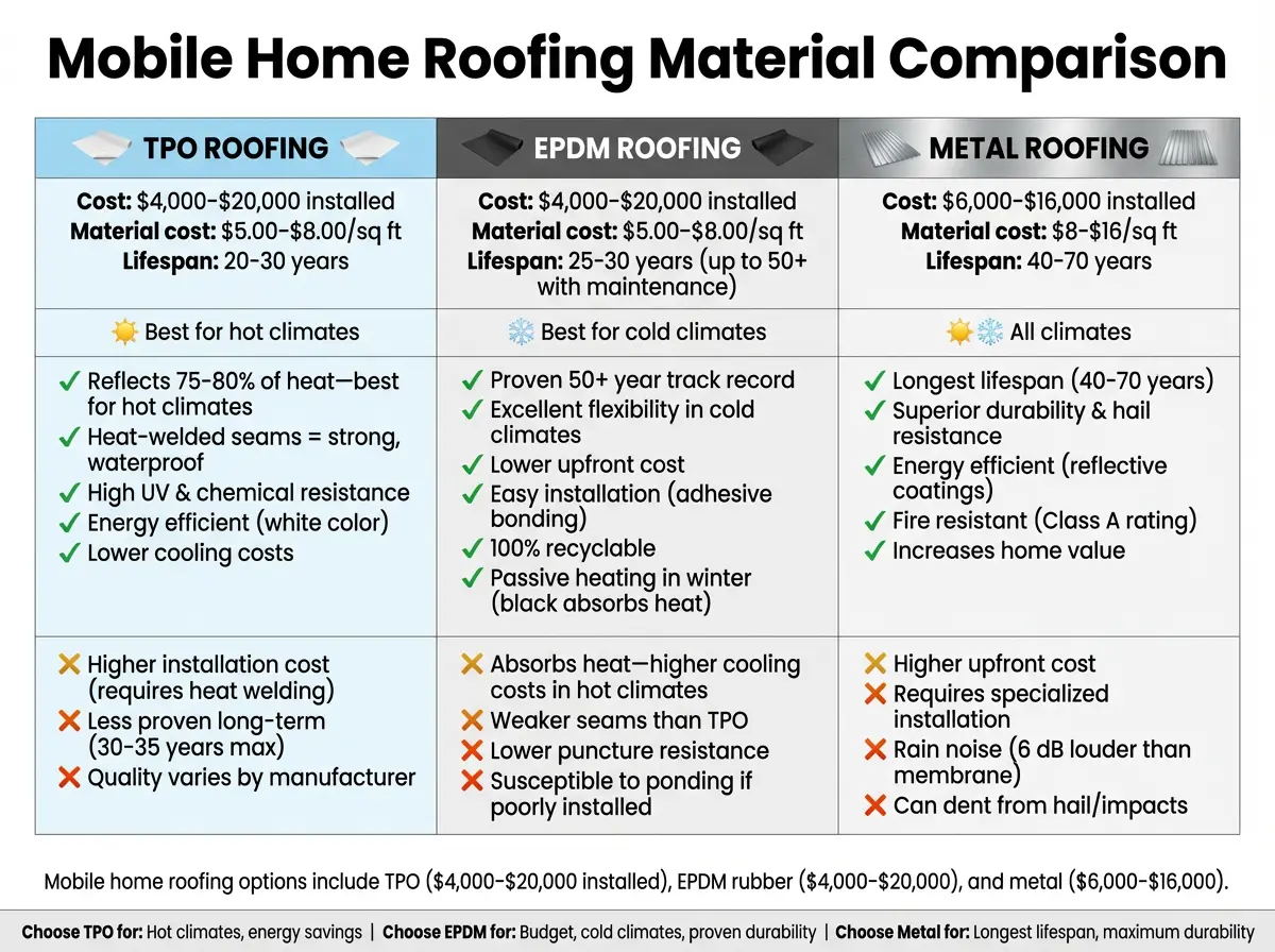 mobile home roofing materials comparison TPO EPDM rubber metal roof cost lifespan pros cons