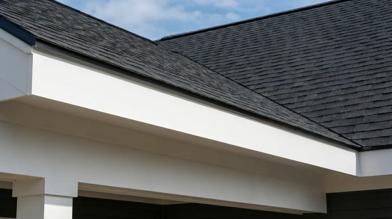 Installer marking gutter slope on fascia with chalk line - Quarter inch per 10 feet slope reference for seamless gutter installation - Roofline measurement