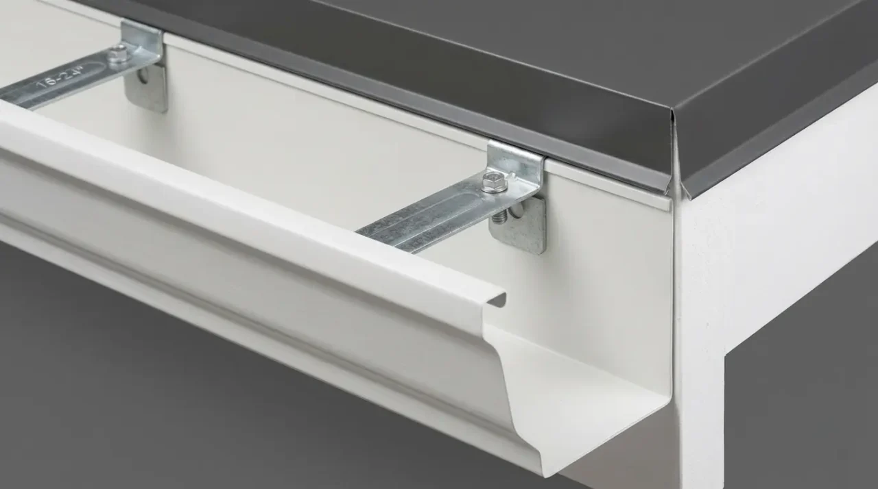 Seamless gutter hidden hanger installed on fascia - Concealed bracket securing aluminum K-style gutter to roofline - Gutter installation detail
