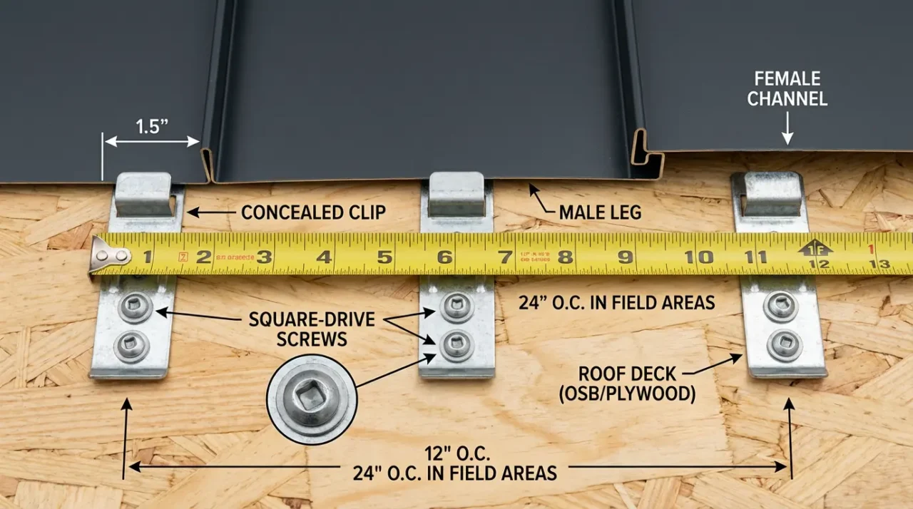 Snap lock standing seam clips - Concealed fastener spacing 12 inches on center at roof edges - Metal roofing installation detail