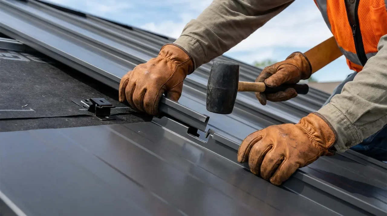 Snap lock standing seam panel snapping together - Male hook edge engaging female channel without mechanical crimper - DIY metal roofing