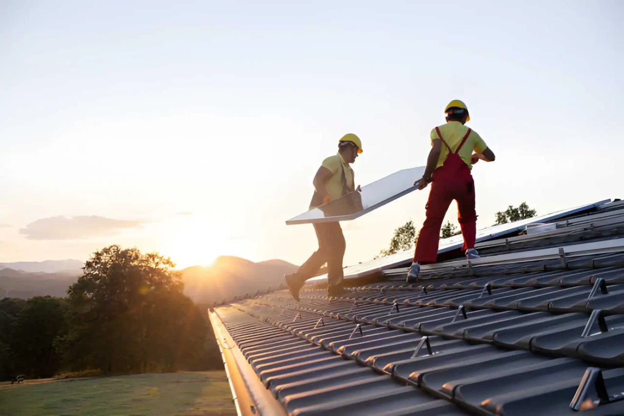 Solar shingles being installed on residential roof - Workers laying integrated photovoltaic tiles during roof replacement - Professional installation process
