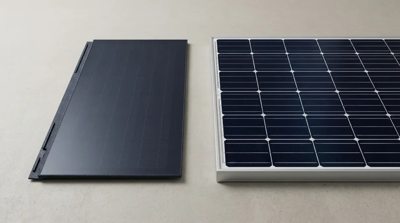 Solar shingles close-up versus solar panel module - Integrated photovoltaic tile beside framed solar panel - Roofing product comparison