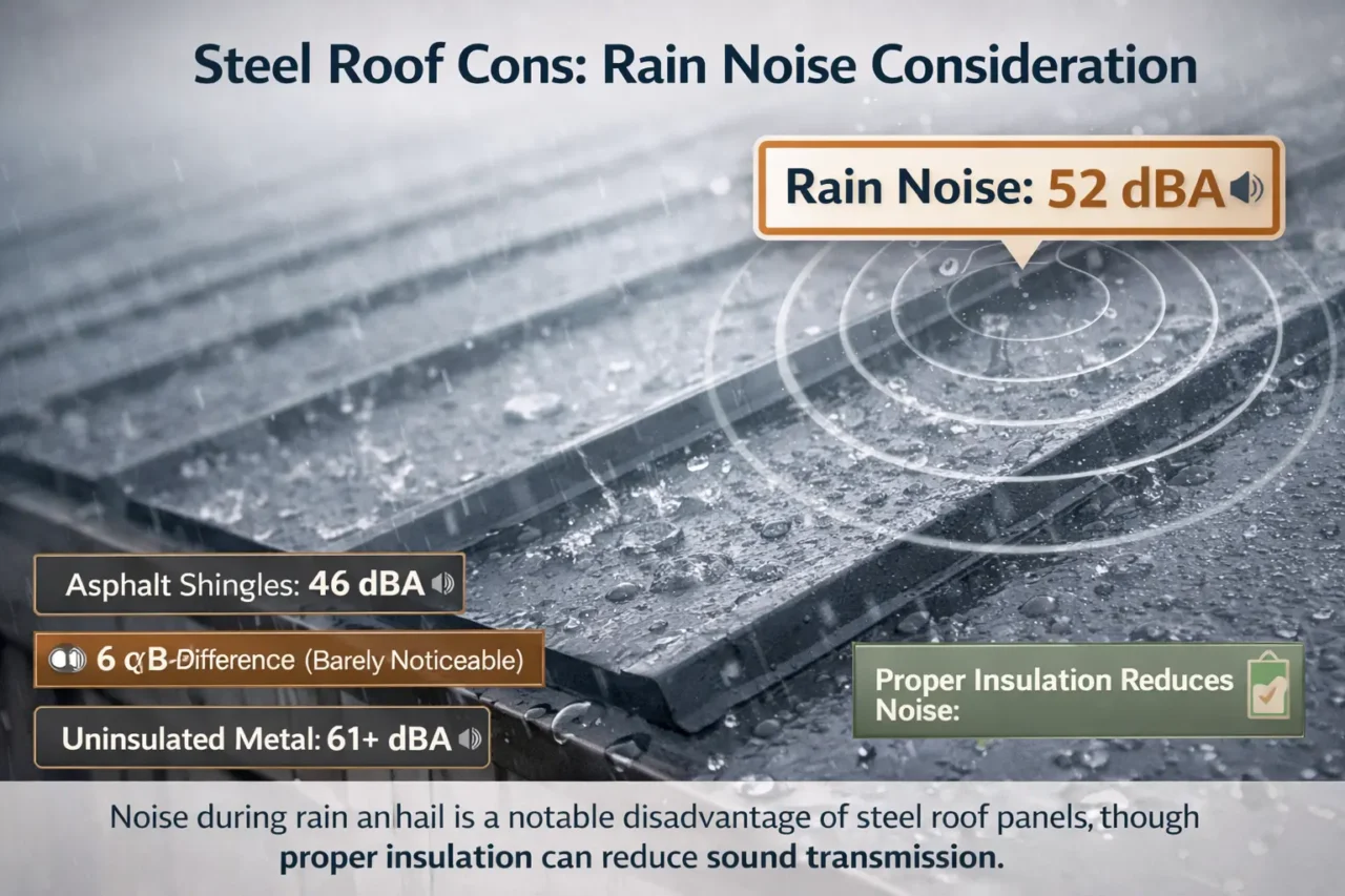 steel roof pros and cons noise disadvantage rain hitting steel roof panels