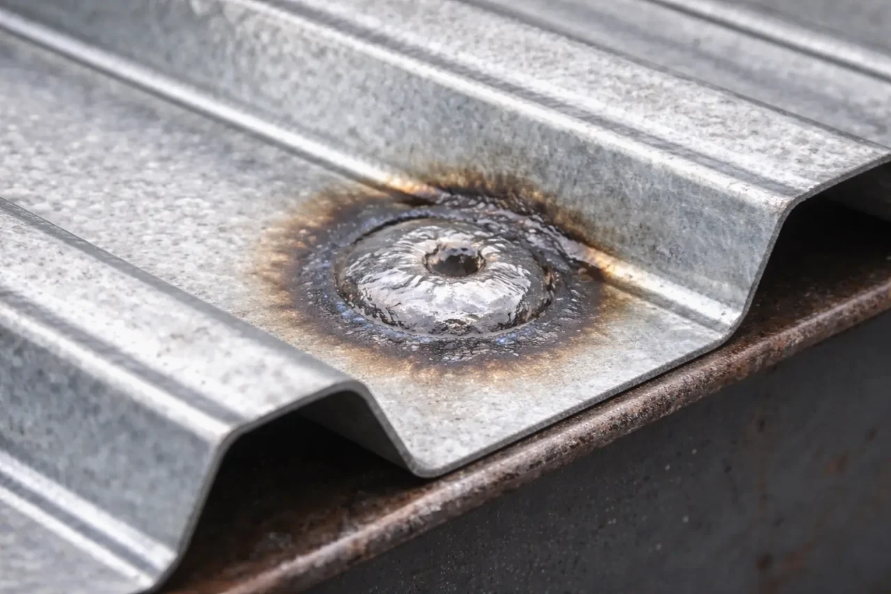 steel roof deck arc spot weld puddle weld fastening method on structural beam