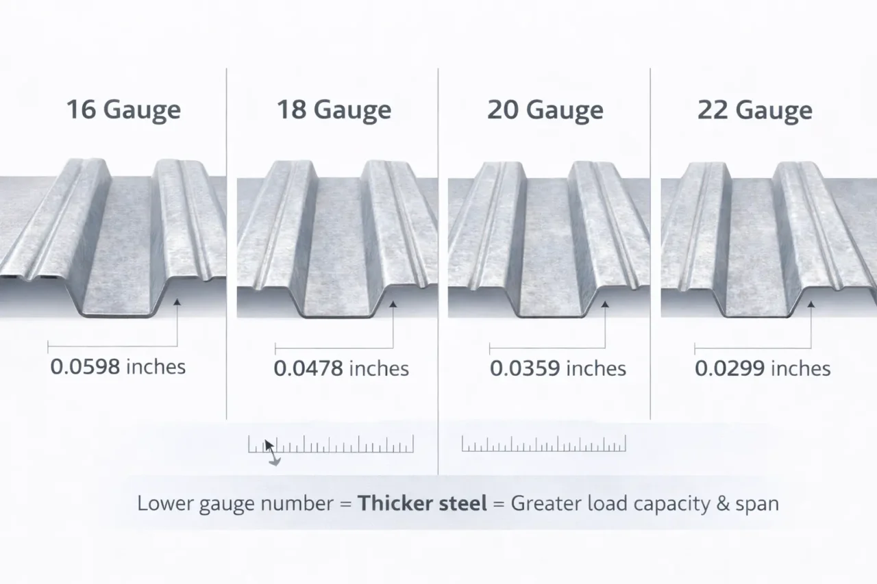 steel roof deck gauge chart showing 16 18 20 22 gauge thickness comparison for roof installation cost