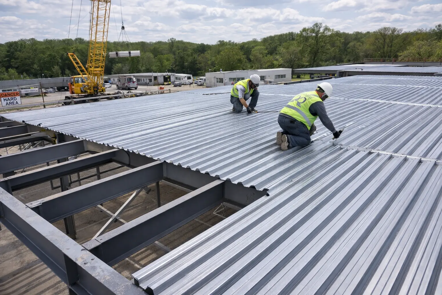 steel roof deck panels being installed over structural steel framing on commercial warehouse roof