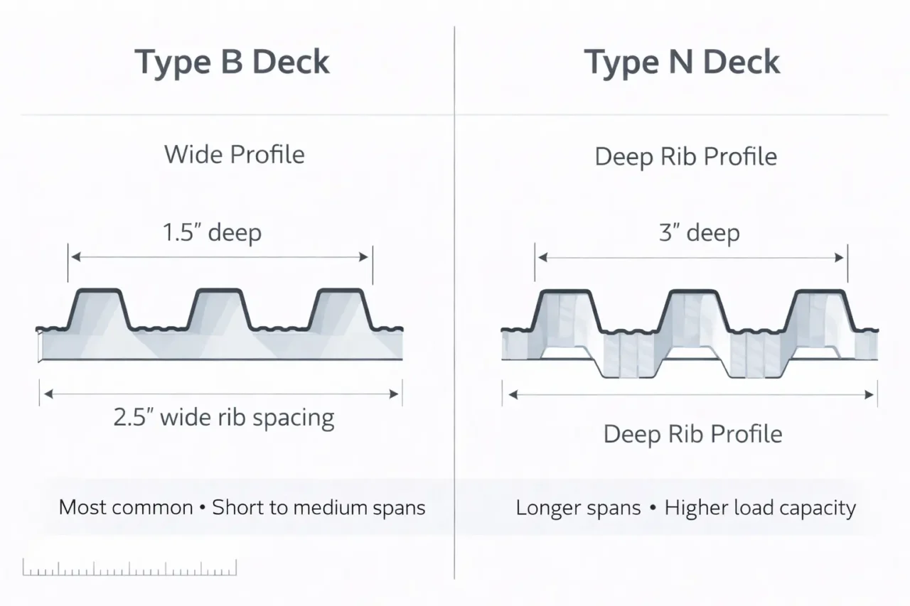 steel roof deck profile comparison showing type b deck 1.5 inch wide rib and type n deck 3 inch deep rib