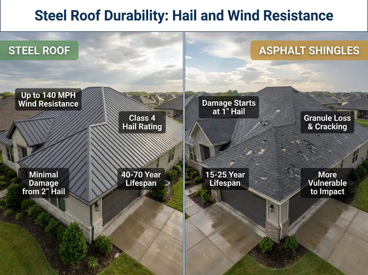 steel roof pros and cons durability advantage hail resistance versus asphalt shingles storm damage