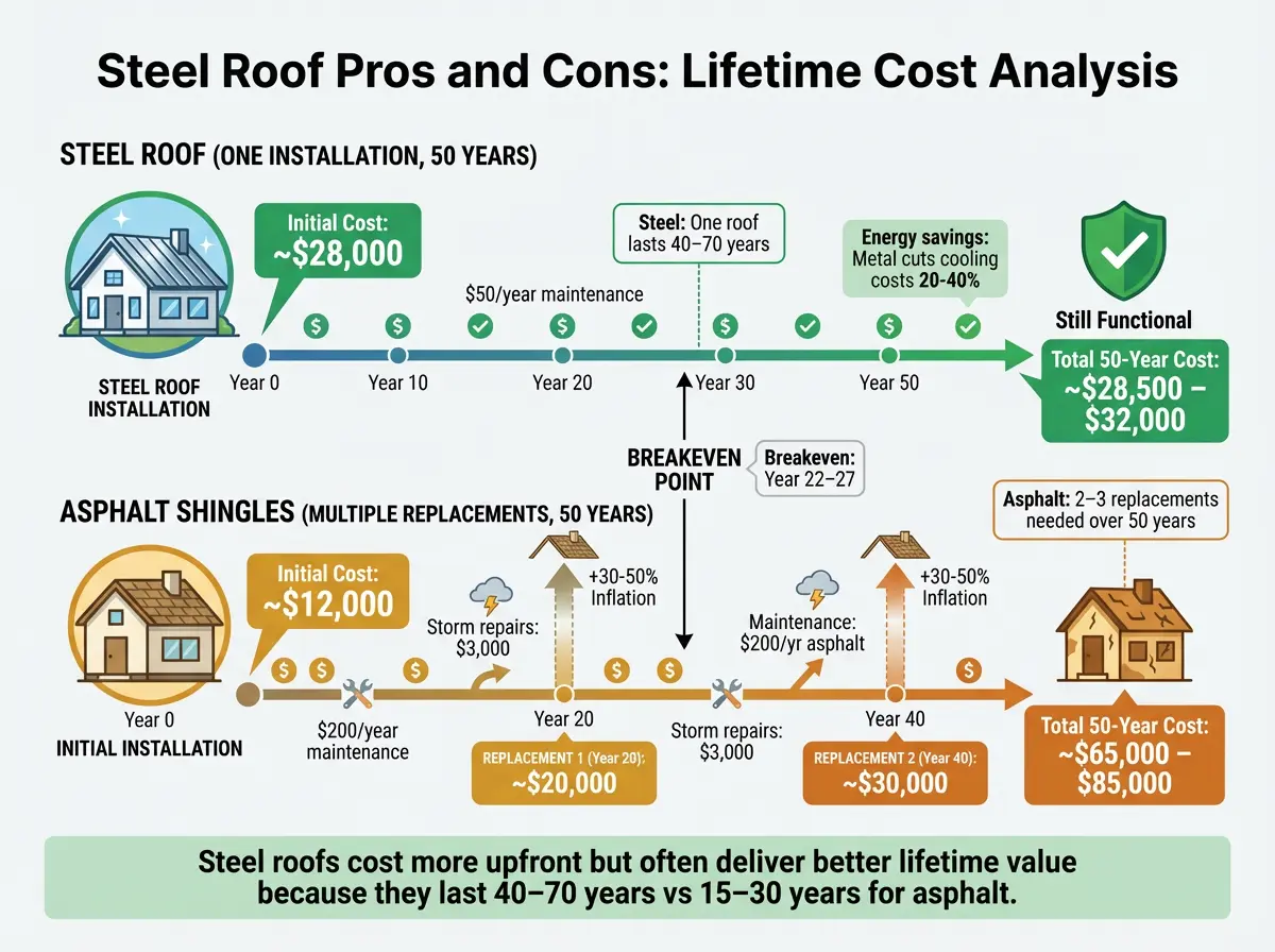 steel roof pros and cons lifetime cost showing one steel roof versus two asphalt shingle replacements over 50 years