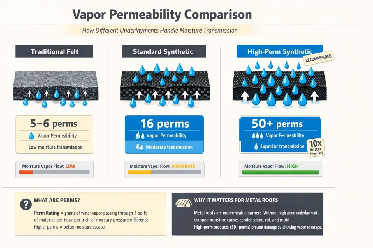 Vapor permeability comparison - Felt vs synthetic underlayment moisture transmission rates - Metal roof condensation prevention