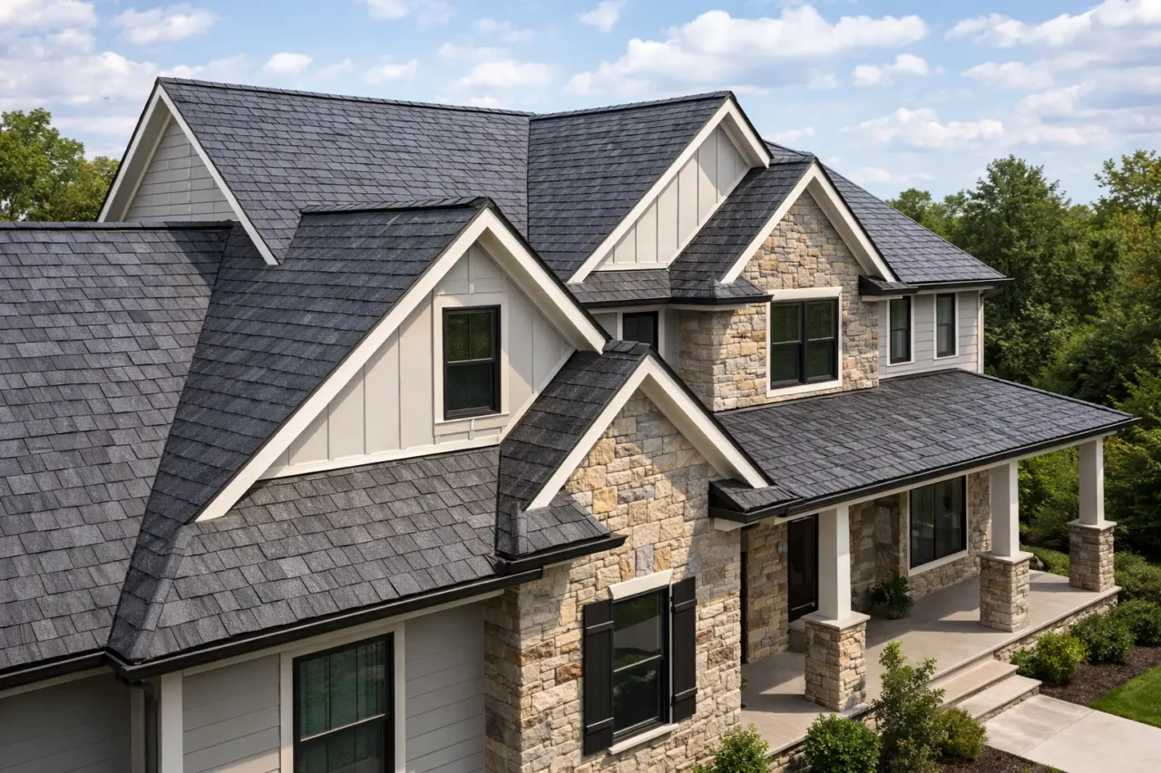 Completed plastic composite roof shingles on residential home - Premium polymer slate profile showing realistic texture and long-term durability - Professional roofing result