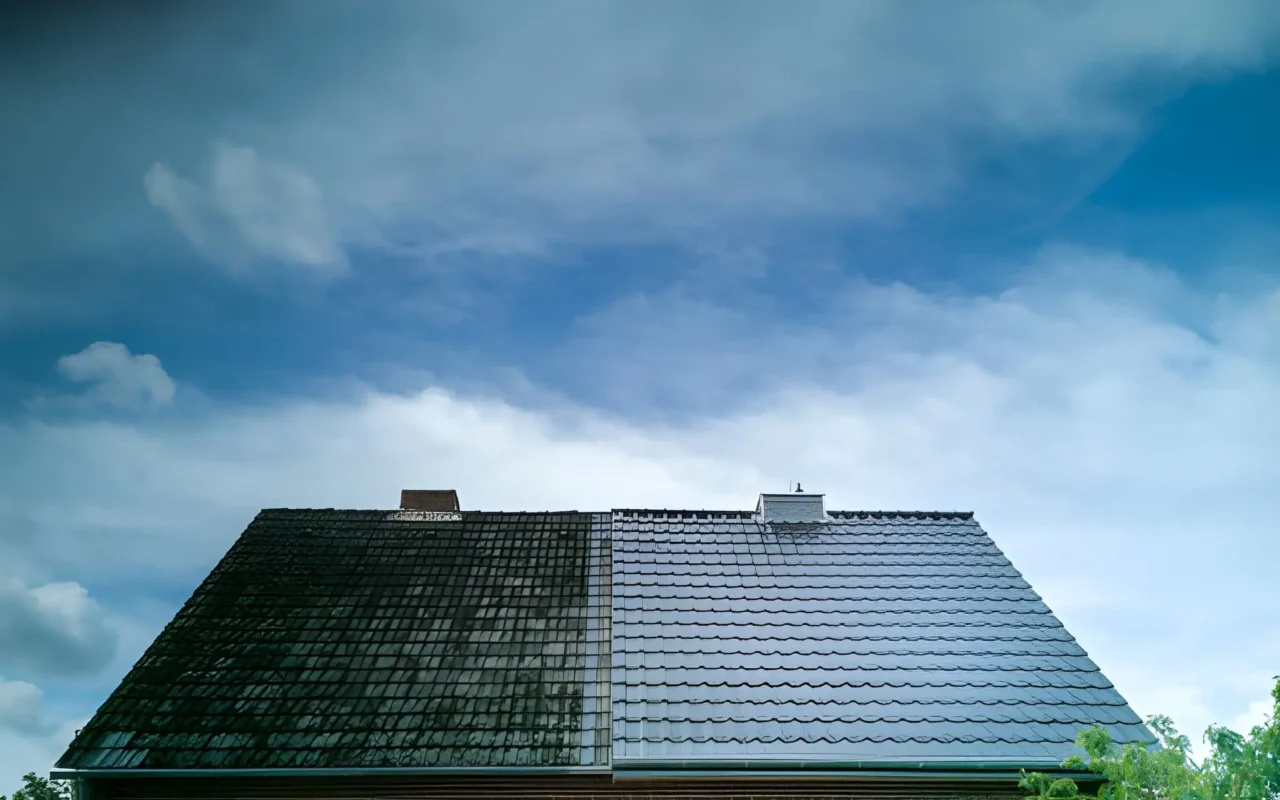 Completed roof pressure cleaning before and after - Residential roof showing dramatic contrast between moss-covered dirty shingles and clean restored surface - Professional results