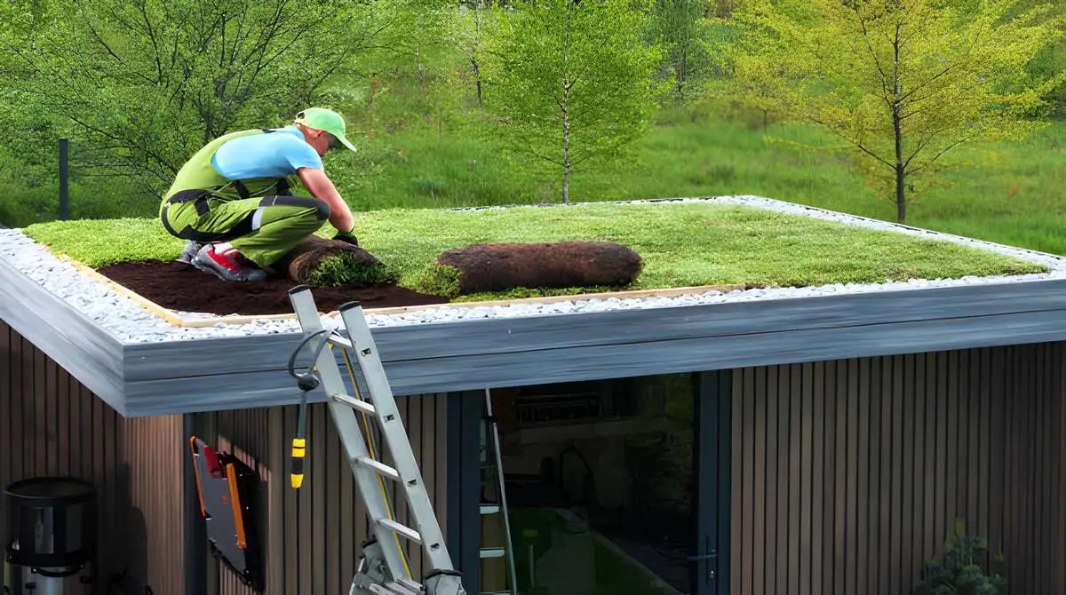 Eco friendly roofing materials comparison - Recycled metal panel, recycled rubber shingle, natural slate, and living roof section displayed side by side - Green roofing options 2026