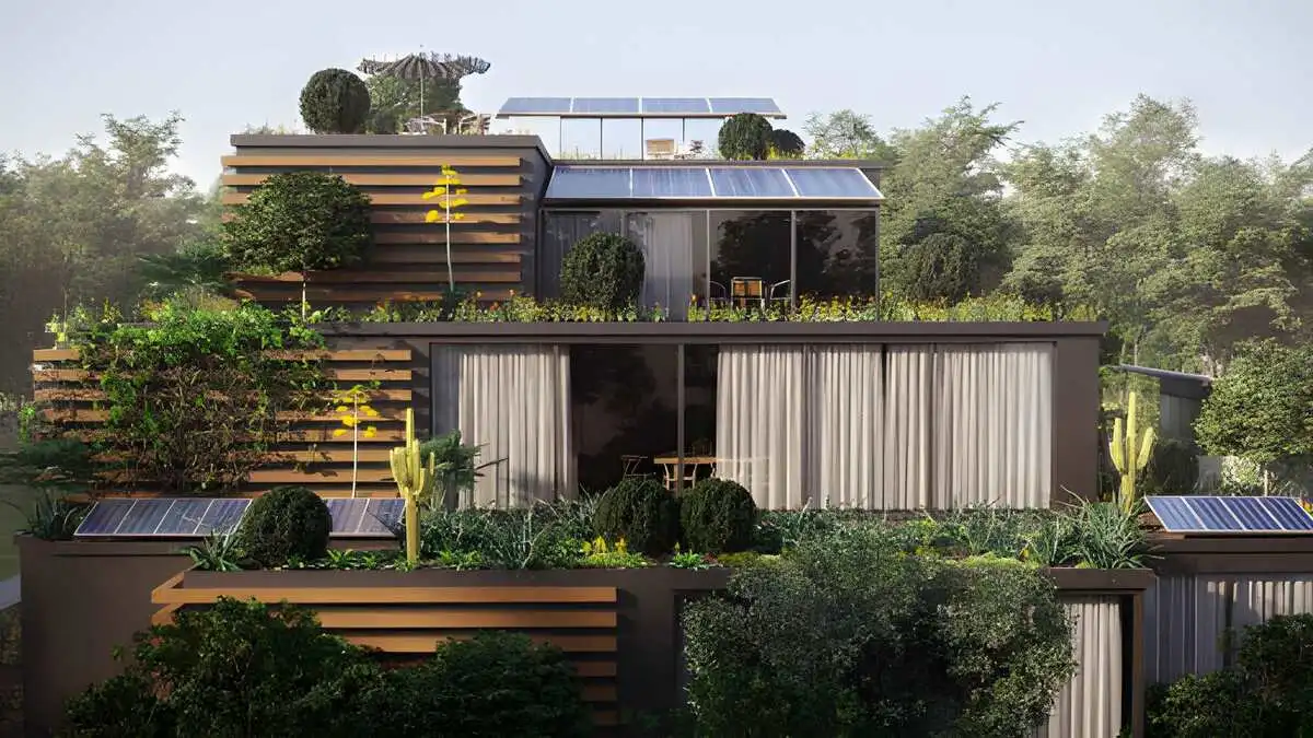 Greenest roofing - Residential home with metal roofing panels and rooftop solar array surrounded by mature trees showing eco friendly roofing integration - Roofing Materials