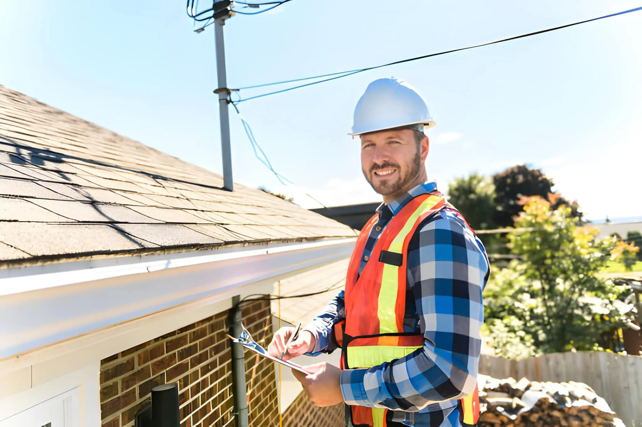 How to start a roofing company - Professional roofing contractor reviewing business plan documents at truck with branded roofing company equipment - Roof Installation