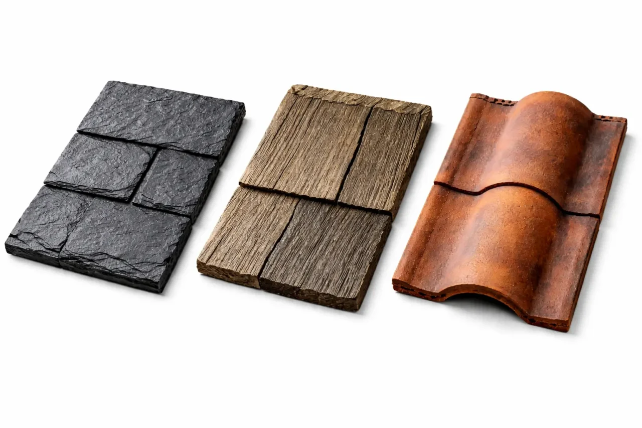 Plastic roof shingles comparison - Polymer slate shake and Spanish tile profile samples showing texture and color variations - Roofing material comparison
