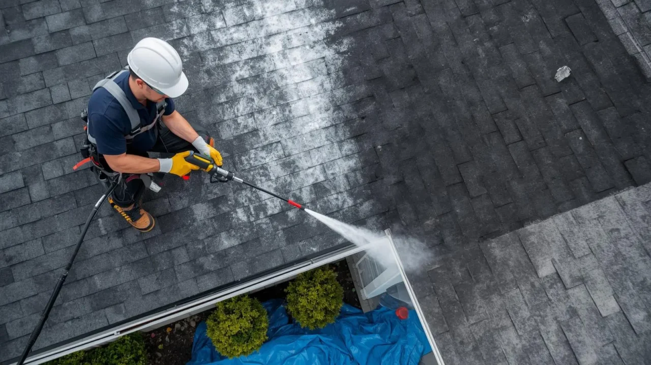Roof pressure cleaning technique - Operator directing pressure washer nozzle downward from ridge to eave on asphalt shingle roof at correct 45-degree angle - DIY roof cleaning