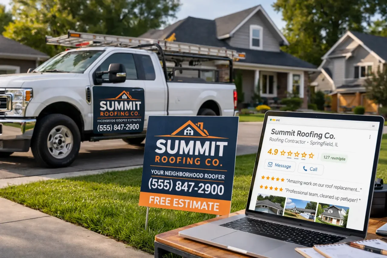 Roofing company marketing setup - Branded truck with yard sign at residential job site alongside laptop showing Google Business Profile optimization - Local roofing marketing