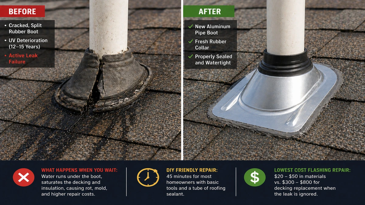 Roof flashing repair before and after, cracked and split rubber vent pipe boot on left showing active leak failure versus new aluminum pipe boot flashing installed on right, lowest cost roof flashing repair 2026
