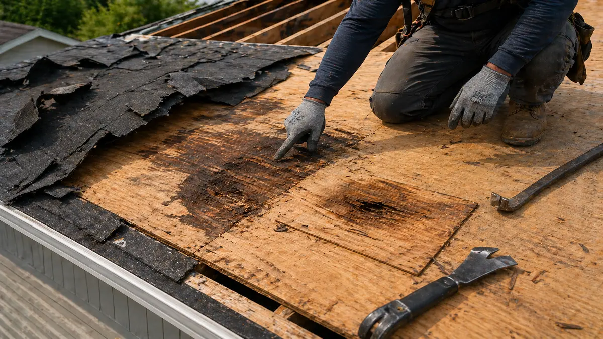 Roof replacement cost 2026 hidden costs, roofing contractor pointing to rotted damaged plywood deck boards exposed during tear-off of old asphalt shingles on residential home mid-replacement, deck repair cost 2026