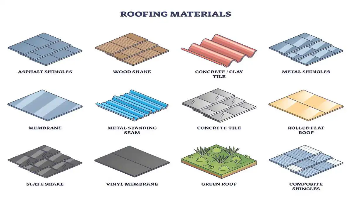Roof replacement cost 2026 material comparison, three adjacent residential homes side by side showing architectural asphalt shingles, standing seam metal roofing, and clay tile roofing for cost comparison, installed price by material 2026
