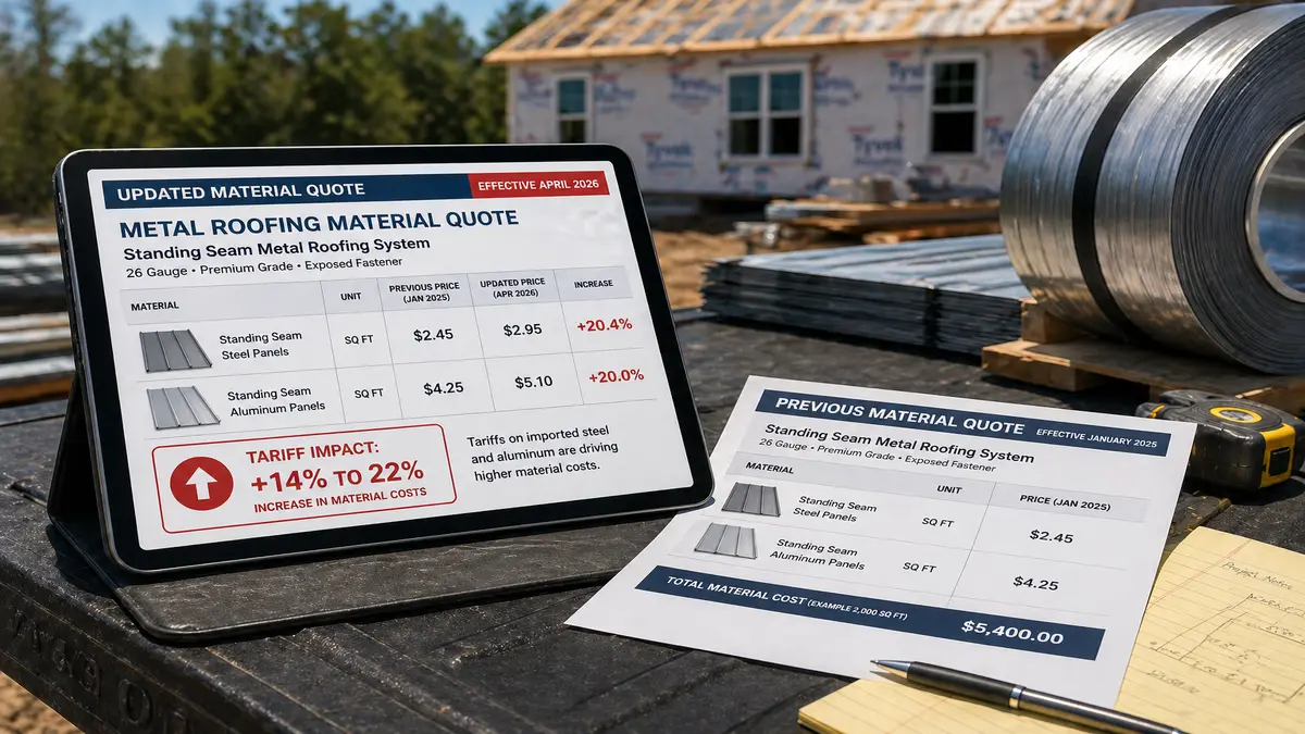 Roof replacement cost 2026 post-tariff impact, roofing contractor reviewing updated metal roofing material quote on tablet showing April 2026 price increase for standing seam steel and aluminum panels, tariff effect on roof replacement cost