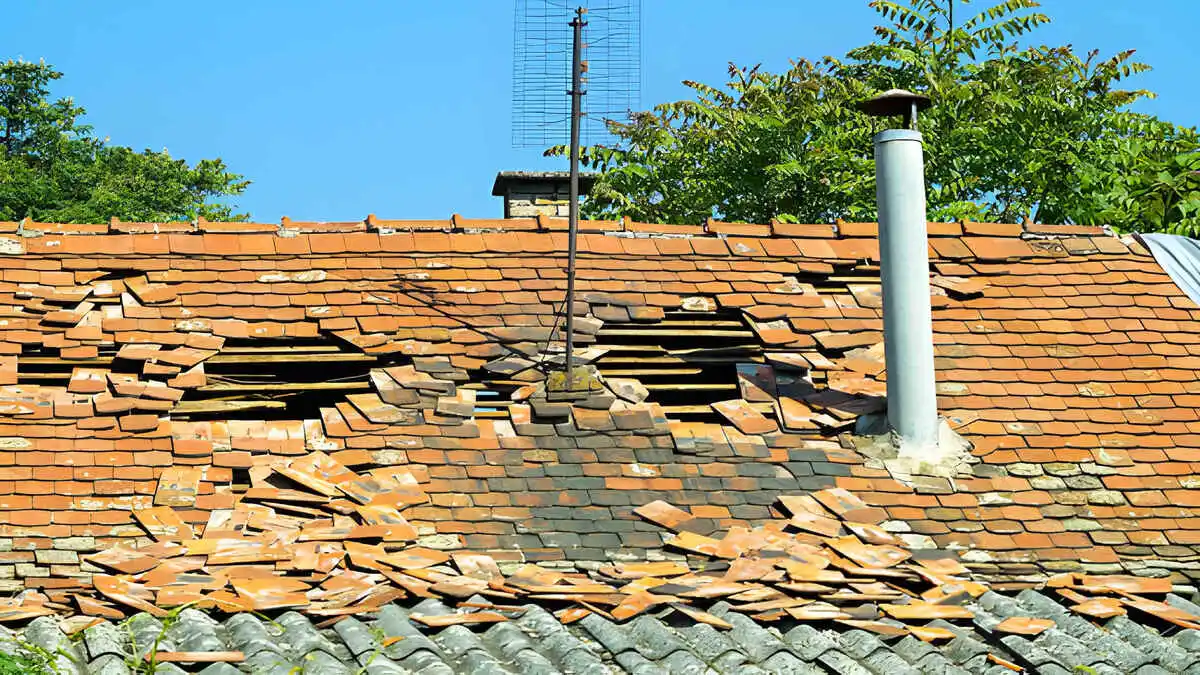 Slate roof repair damage identification, close-up of natural slate roof showing cracked broken tile, slipped displaced tile exposing nail holes, and missing tile gap on historic residential roof, how to repair a slate roof