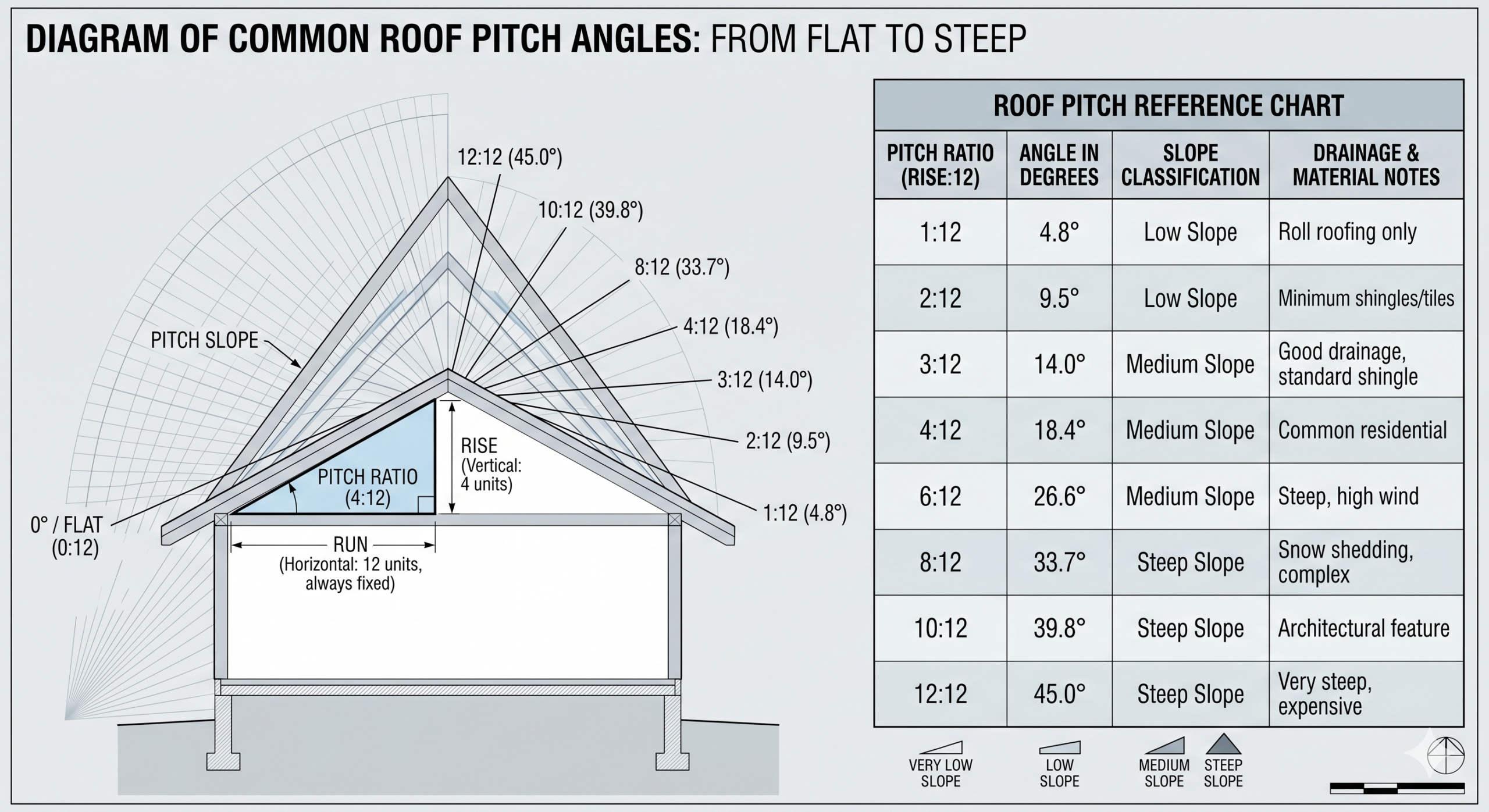 A technical architectural diagram with a large '4:12 PITCH' right triangle example, comparing roof pitch ratios from 1:12 to 12:12. It includes a visualization on a house profile, labeled rafters for each pitch with corresponding angles in degrees, and a reference chart converting ratios, degrees, slope classifications, and material notes.