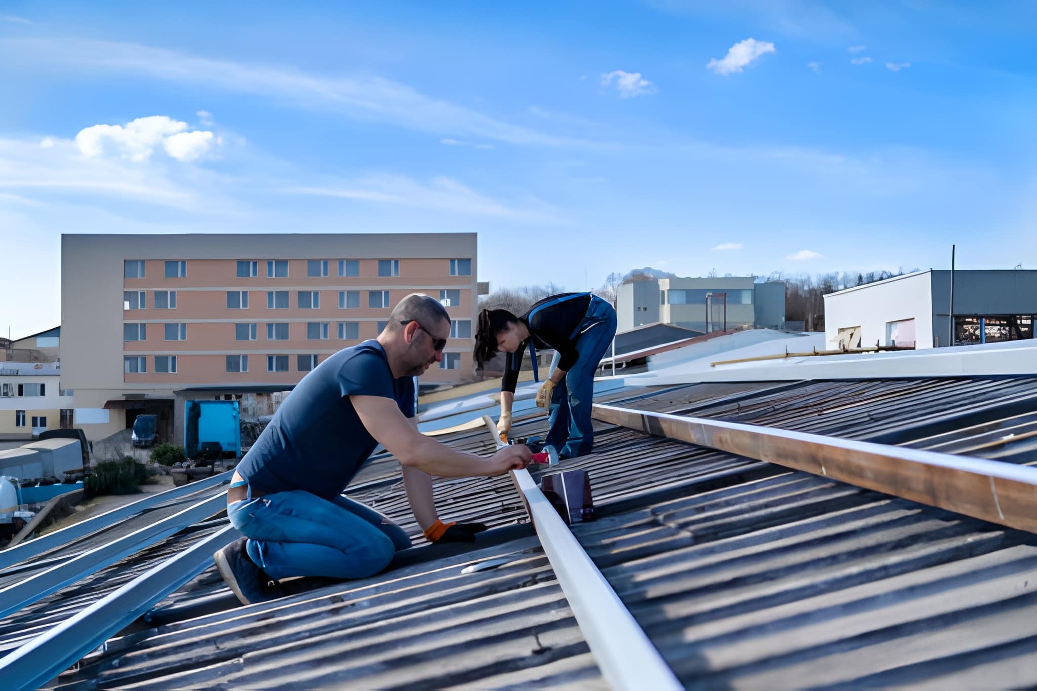 Close-up view of roofing membrane being sealed during commercial roof repair near me