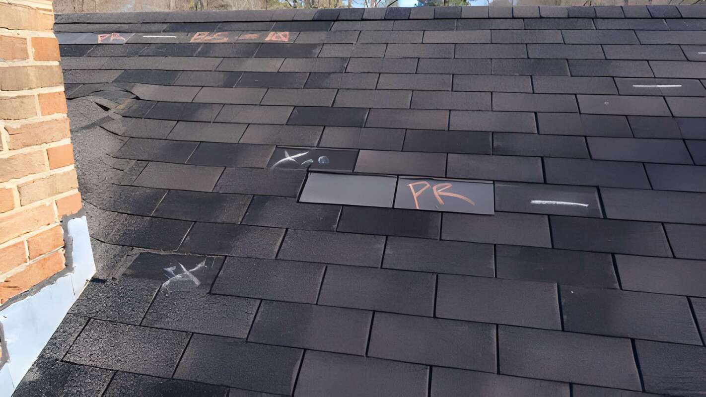 Close-up of hail damage on a roof surface