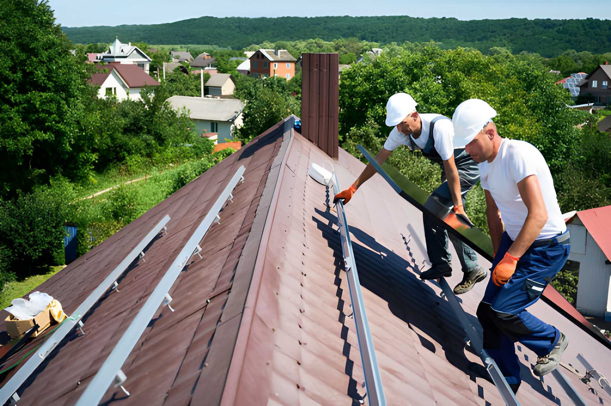 Professional roofing crew performing commercial roof repair near me on a flat business rooftop