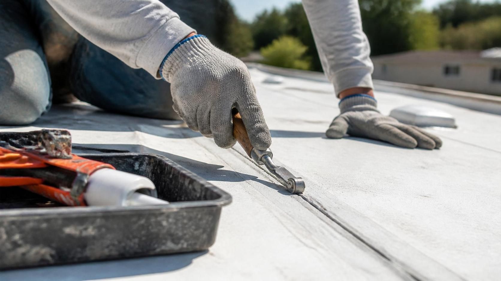 Close-up of a mobile home roof being inspected for damage.