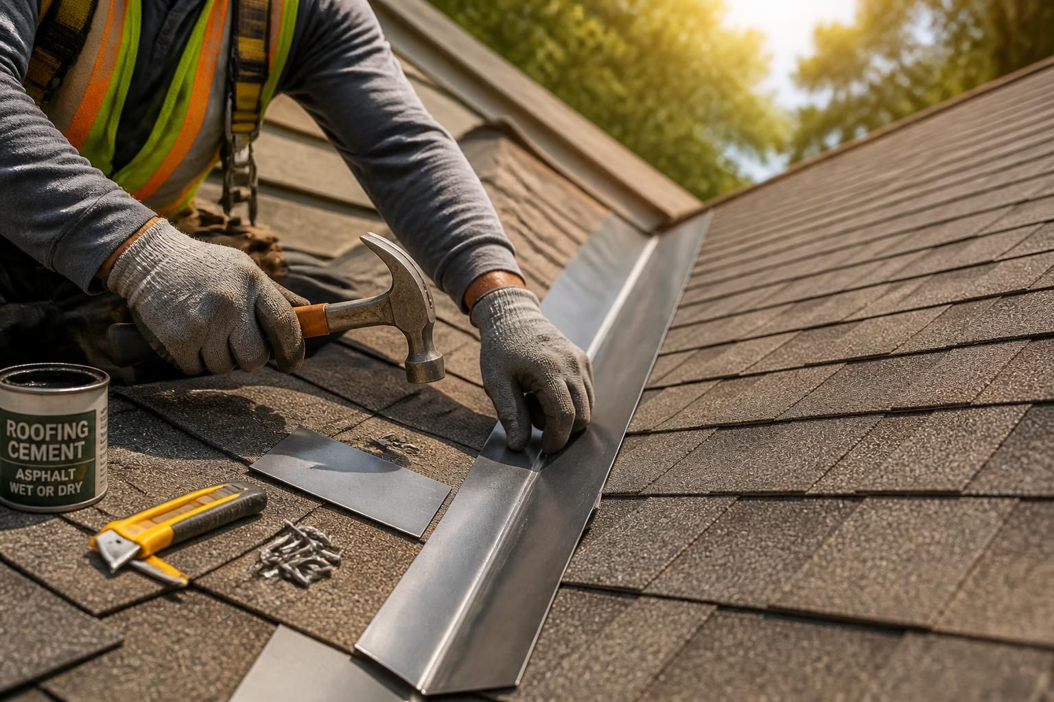 Image showing a professional repairing a roof valley with tools