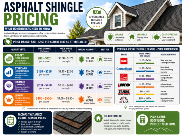 A breakdown of asphalt shingles cost in various ranges.