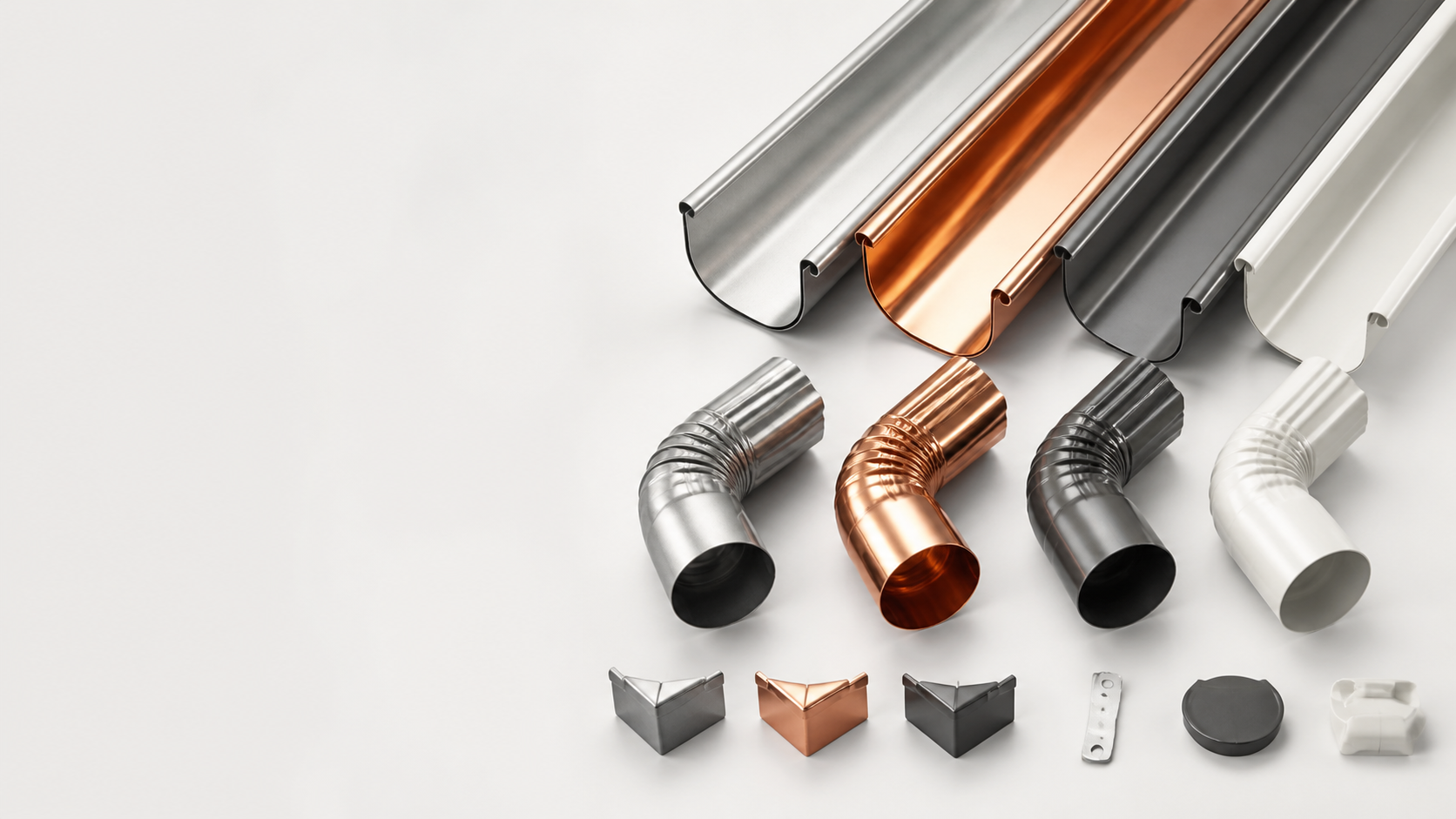 Comparison of gutter materials including aluminum, copper, steel, and vinyl for Denver gutter installation.