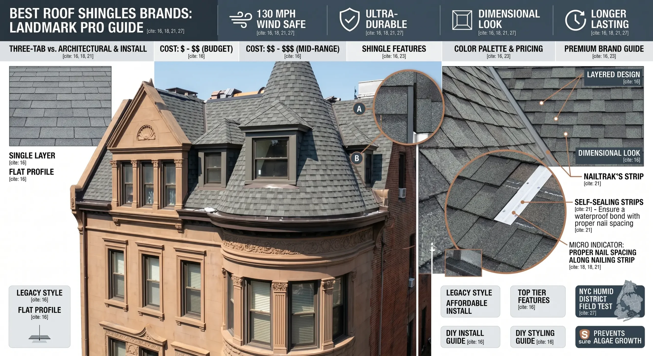 Infographic illustrating "Best Roof Shingles Brands Guide 2026" featuring Landmark Pro shingles on a complex round turret of a Brooklyn brownstone with detailed callouts for 130 MPH Wind Safe, Ultra-Durable, and S sure Algae-Resistant features. Visual close-ups show Precise Cut Lines, Self-Sealing Strips, the NailTrak Strip, and micro indicators for proper nail spacing. Also compares three-tab vs. architectural styles.