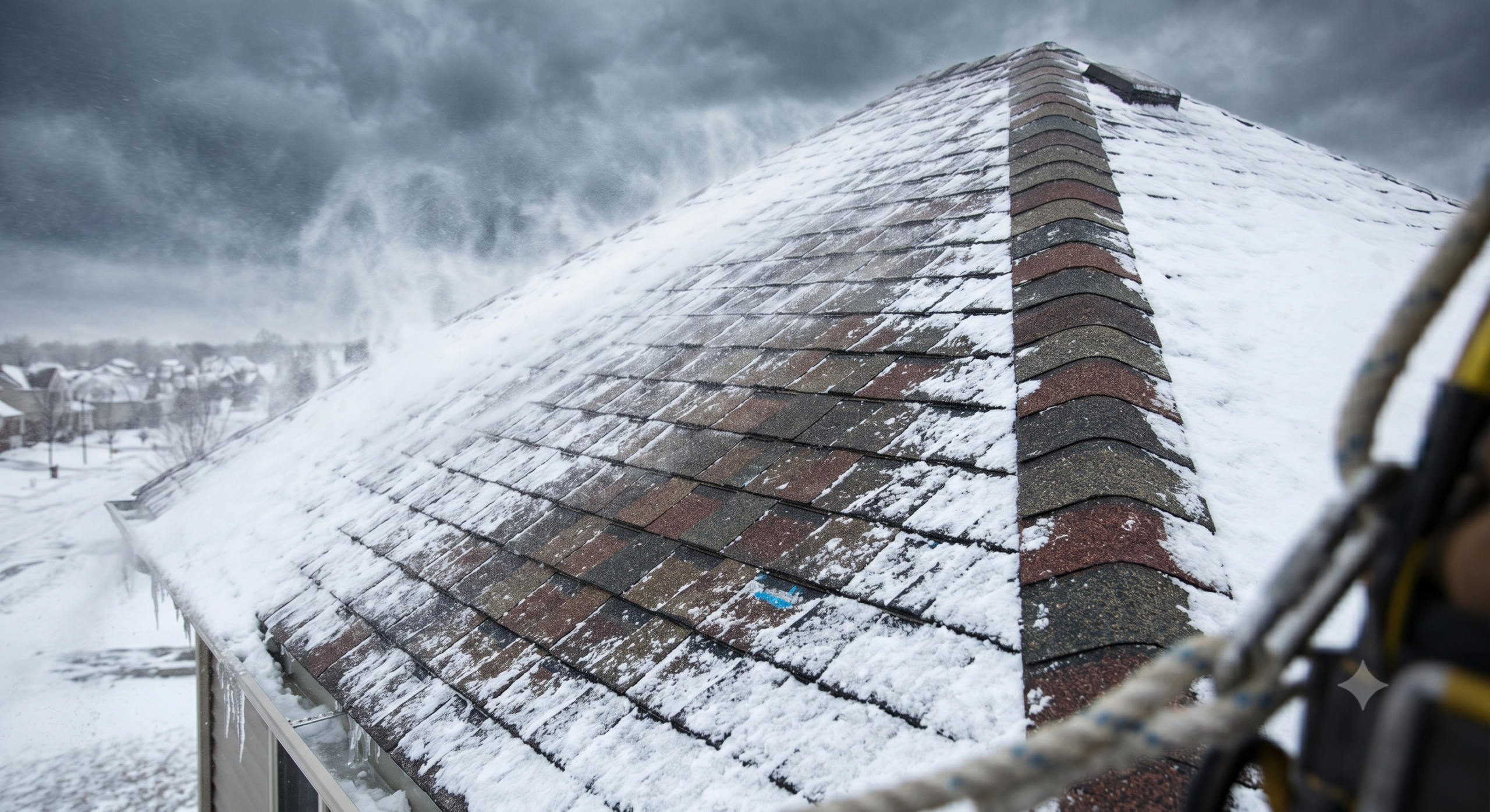Ultimate CertainTeed Landmark Pro Shingles Guide (2026): A high-resolution photo from a roofer's perspective showing multi-layered architectural shingles under a severe winter wind storm, proving its 130 MPH wind-safe rating with snow and ice on the roof.