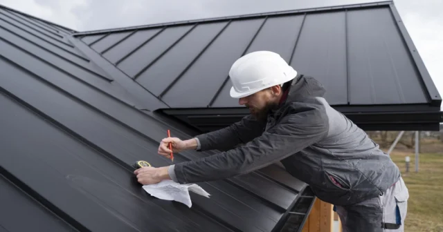 Roofer rolling out synthetic underlayment over OSB metal roof sheathing before standing seam metal panel installation