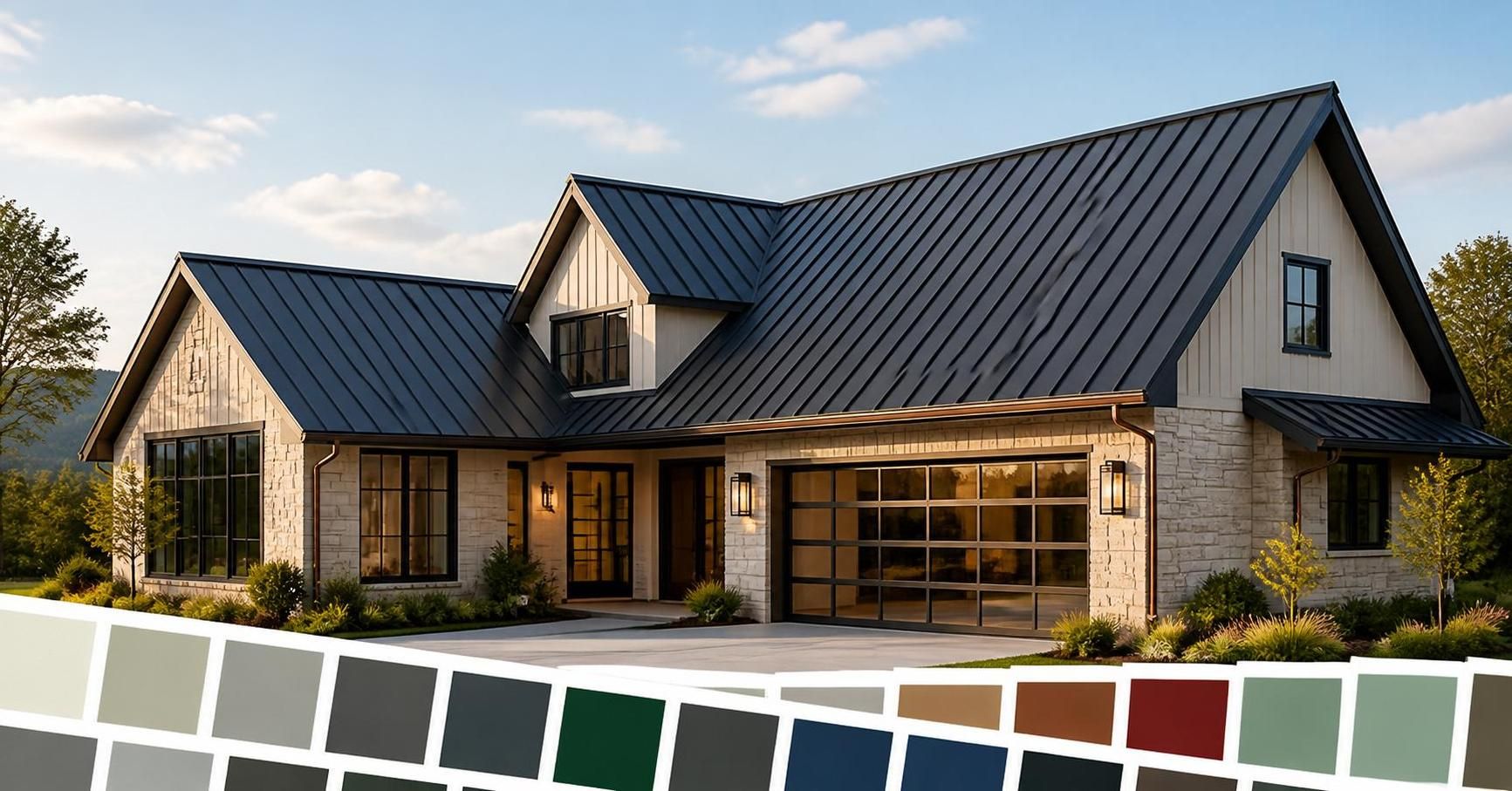 Modern residential home featuring a matte charcoal standing seam metal roof showcasing popular metal roofing color trends for 2026.