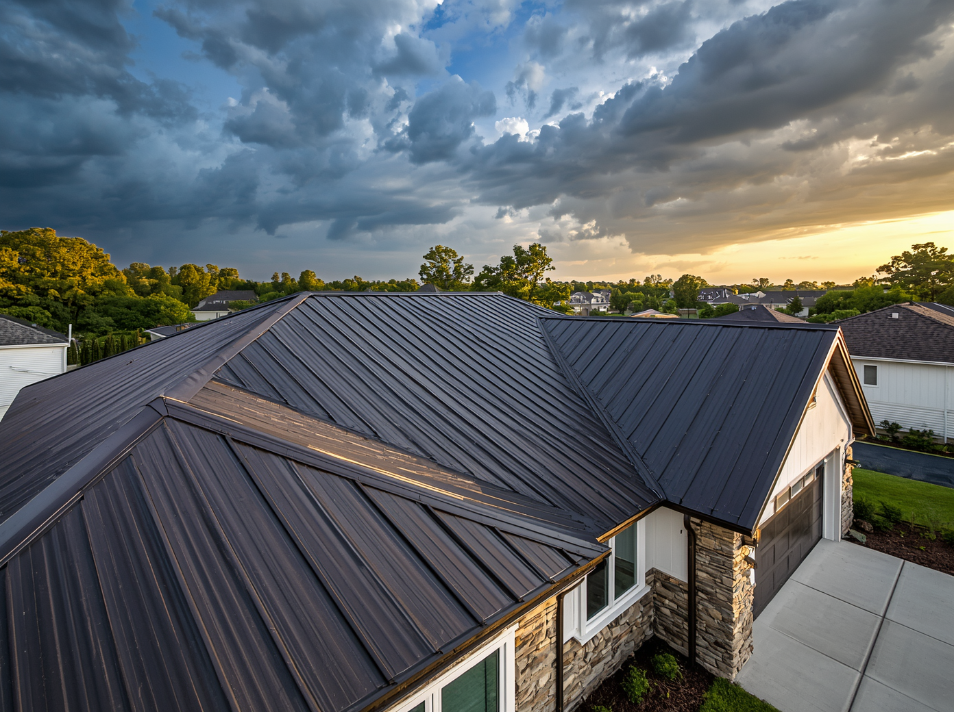 Beautiful modern suburban home featuring a sleek charcoal standing seam metal roof gleaming under warm golden-hour sunlight with dramatic sky transitioning from storm clouds to clear blue, showcasing energy-efficient roofing and premium curb appeal