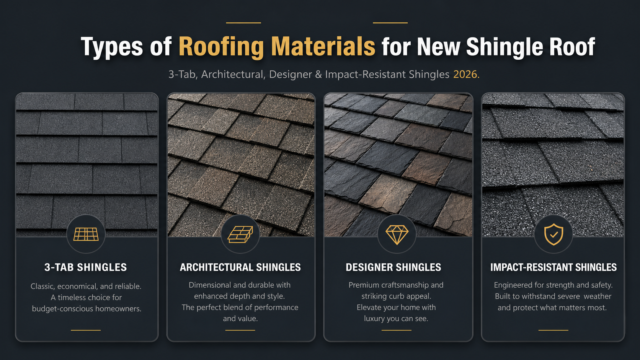 Comparison of 3-tab, architectural, designer, and impact-resistant shingles for new roofs in 2026.