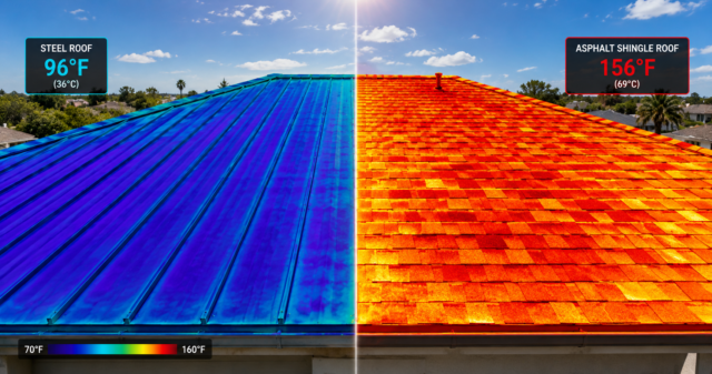 Infrared thermal image comparing steel roof reflecting heat versus shingles absorbing heat, demonstrating energy cost savings of steel over shingles