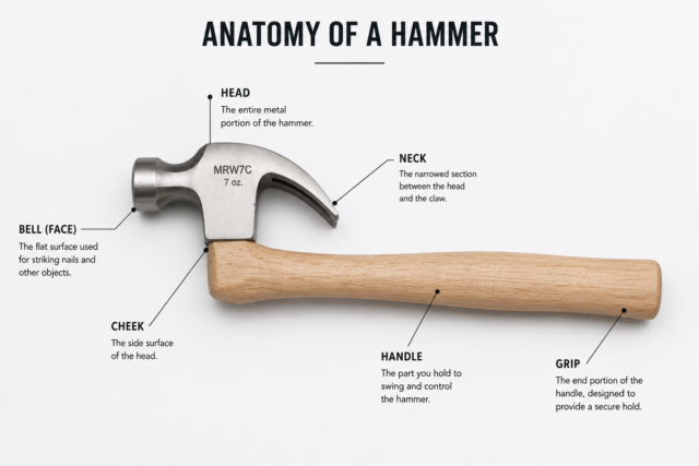 Labeled roofing hammer showing serrated face, hatchet blade, gauge, and magnetic nail slot