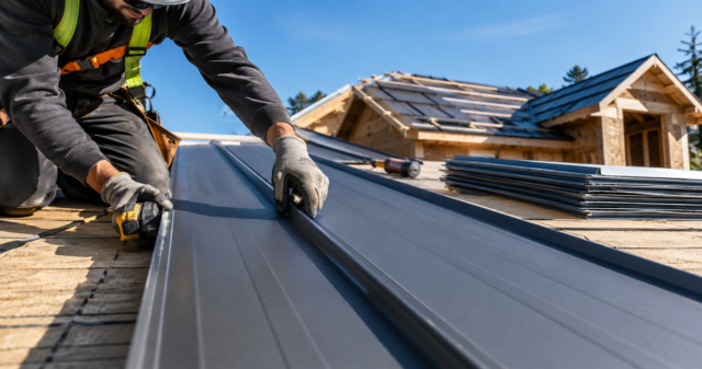 Roofer installing steel panels on a new home, illustrating labor and material costs that affect the cost of steel roof versus shingles