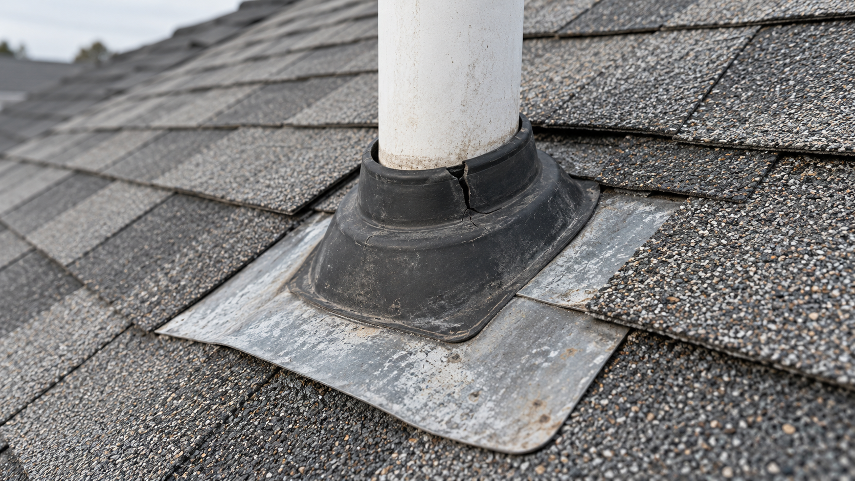Cracked rubber boot around a plumbing vent pipe on an asphalt roof